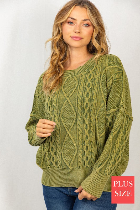 Long Sleeve Mineral Washed Cable Sweater