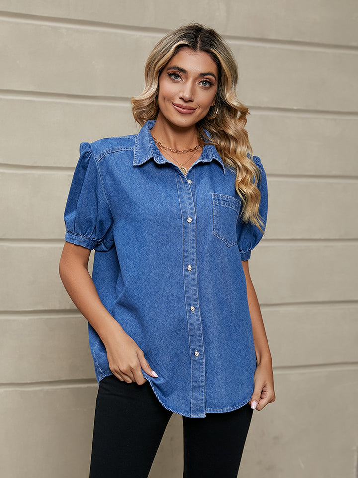 Short Puff Sleeve Denim Shirt Jacket