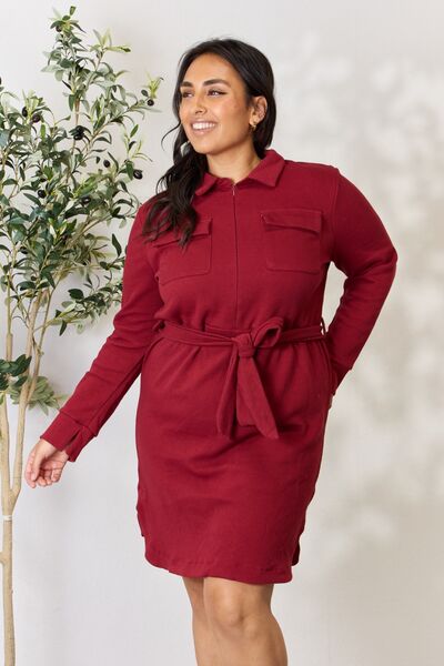 Culture Code Full Size Tie Front Half Zip Long Sleeve Shirt Dress