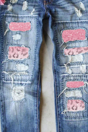 Pink Leopard Patch Distressed Jeans - ONLINE EXCLUSIVE