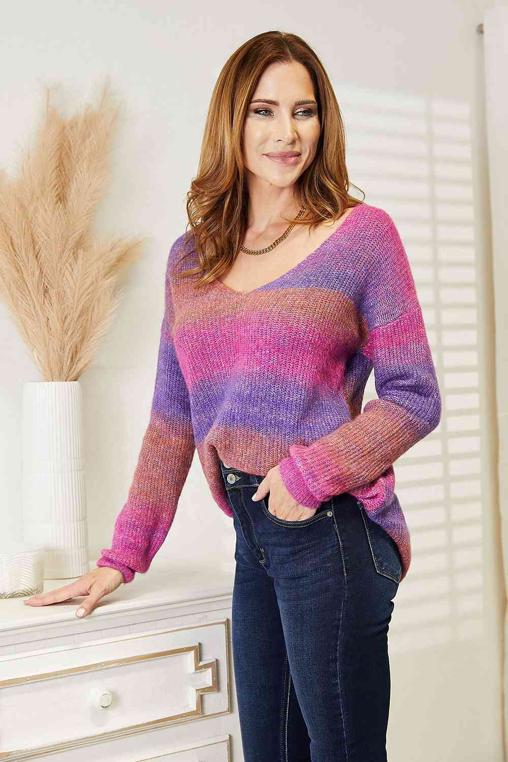 Rainbow Rib-Knit V-Neck Knit Pullover