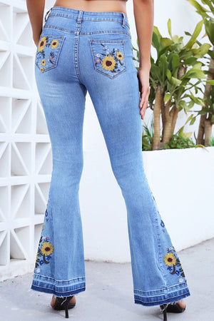 Flower Embroidered Wide Leg Jeans - ONLINE EXCLUSIVE