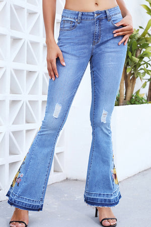 Flower Embroidered Wide Leg Jeans - ONLINE EXCLUSIVE