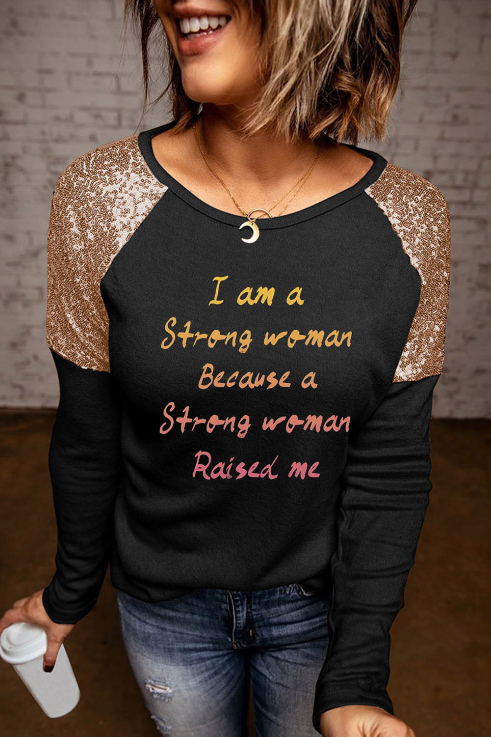 I Am A Strong Woman Sequin Raglan Top - ONLINE EXCLUSIVE