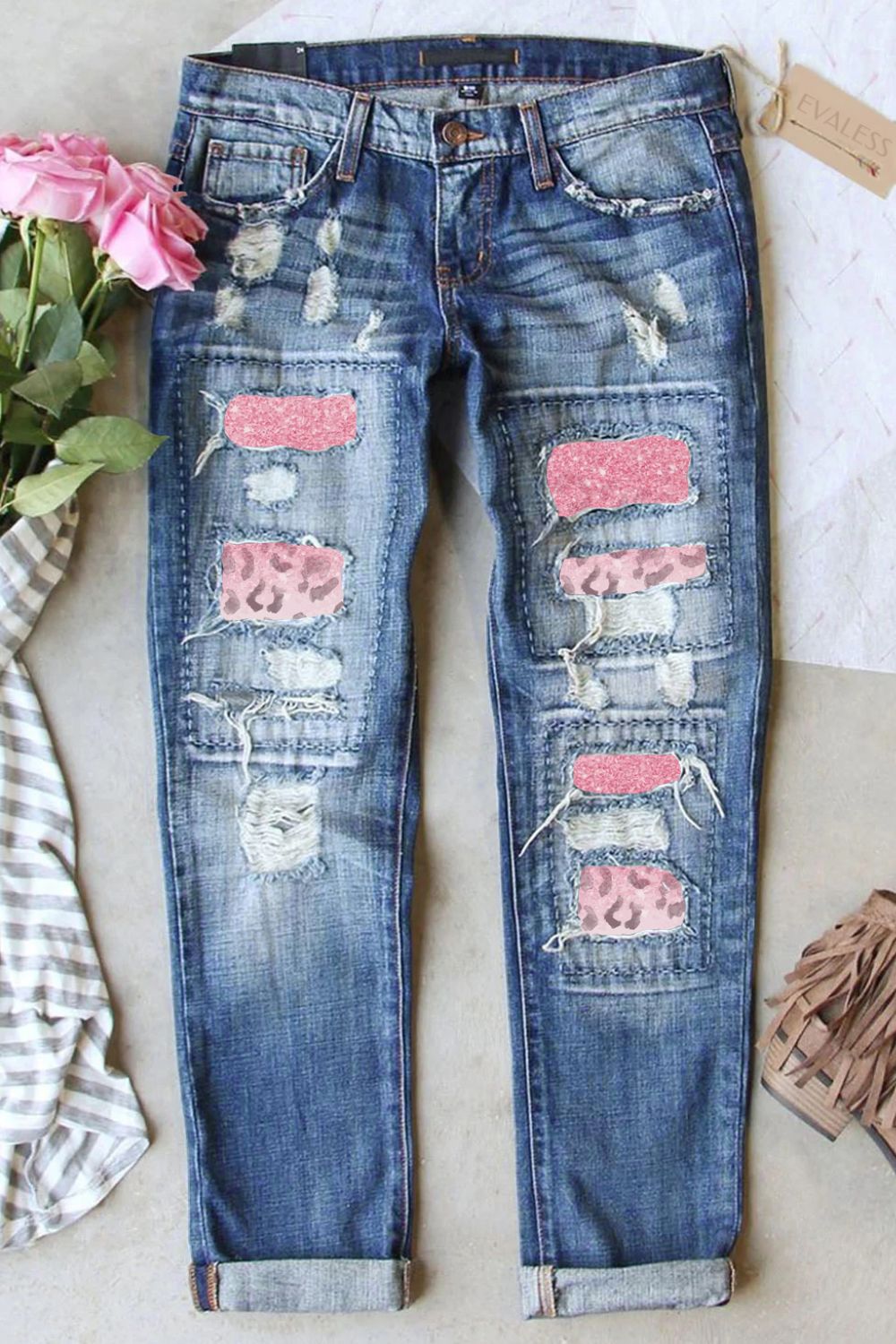 Pink Leopard Patch Distressed Jeans - ONLINE EXCLUSIVE