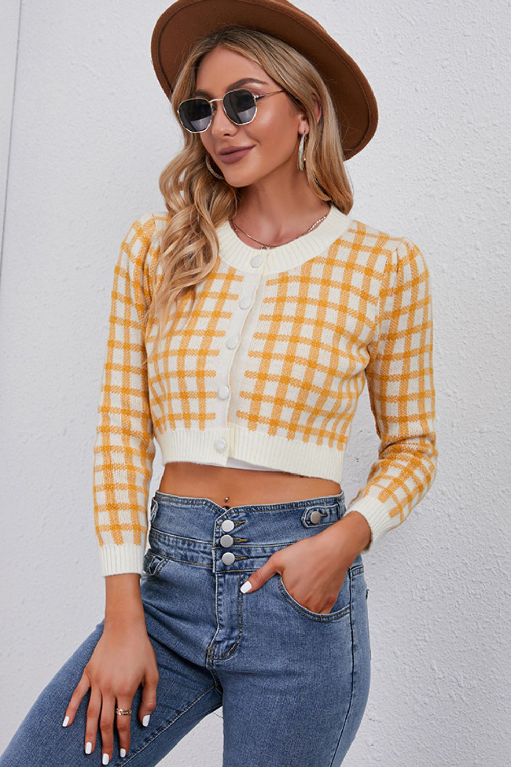 Plaid Buttoned Cropped Cardigan - ONLINE EXCLUSIVE
