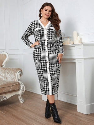 Houndstooth Button-Down Long Sleeve Dress - ONLINE EXCLUSIVE