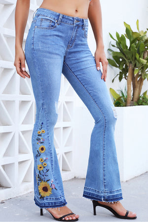 Flower Embroidered Wide Leg Jeans - ONLINE EXCLUSIVE