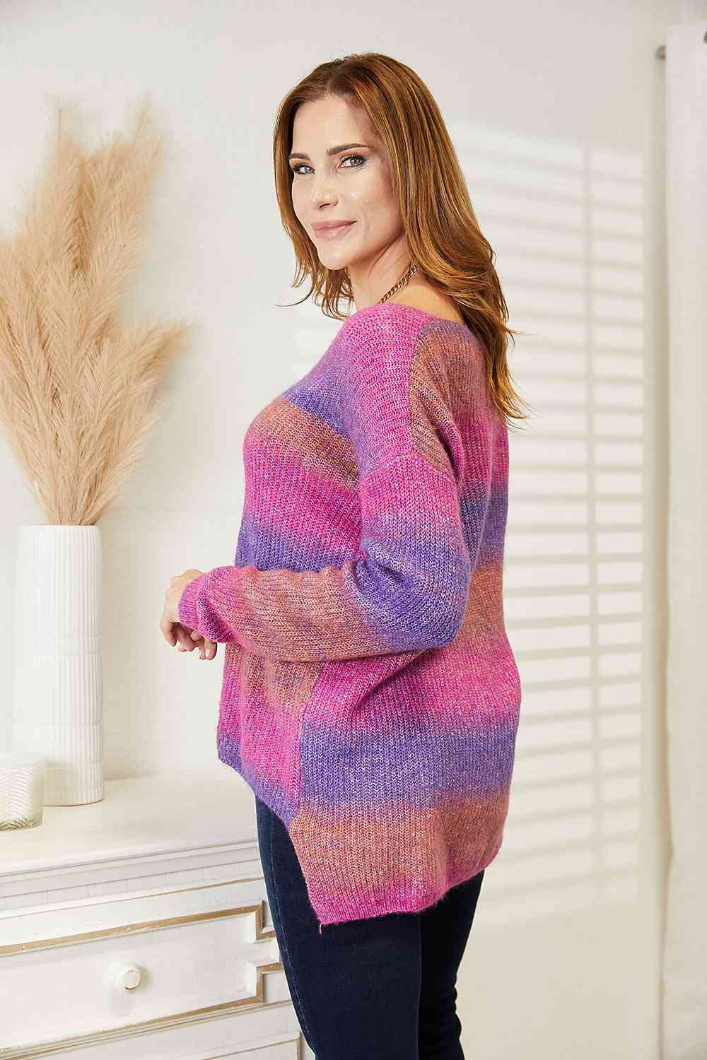 Rainbow Rib-Knit V-Neck Knit Pullover
